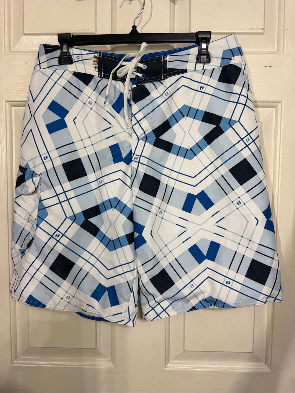 HANG TEN White and Blue Geometric Swim Shorts 32